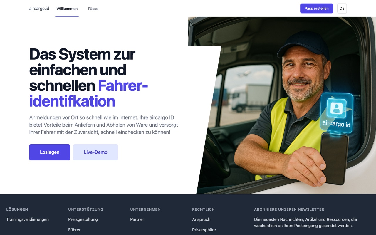 aircargo.id home page showing a driver holding up their digital pass at the vehicle window
