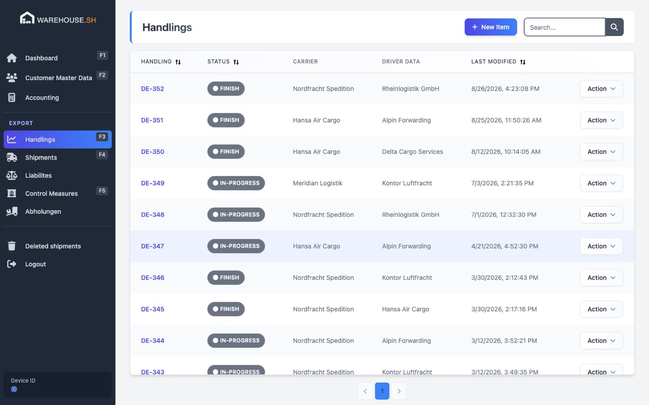 Wairhouse handlings overview with status, carrier and last change