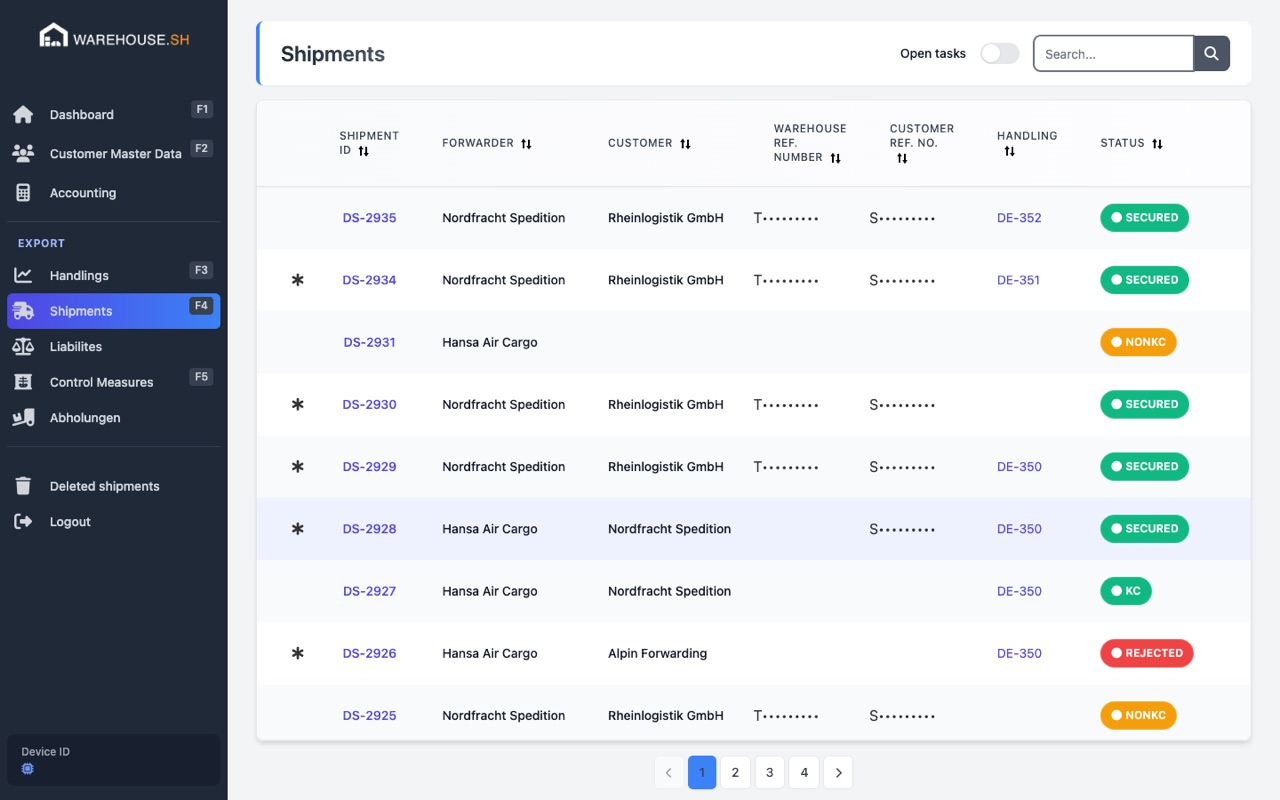Wairhouse shipment overview with columns for forwarder, customer, references, handling and status