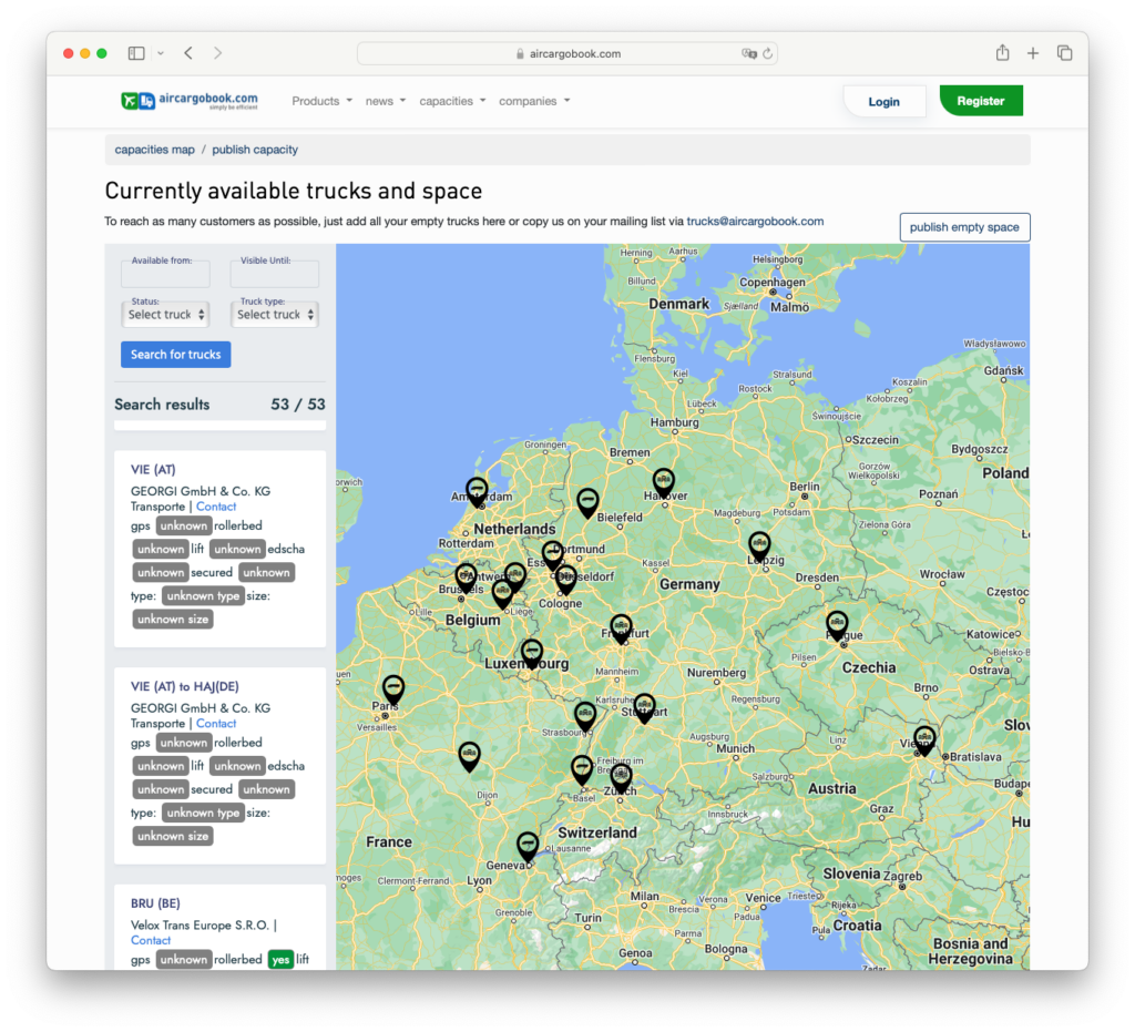 snapshot of our capacity map, showing 50+ empty trucks across europe