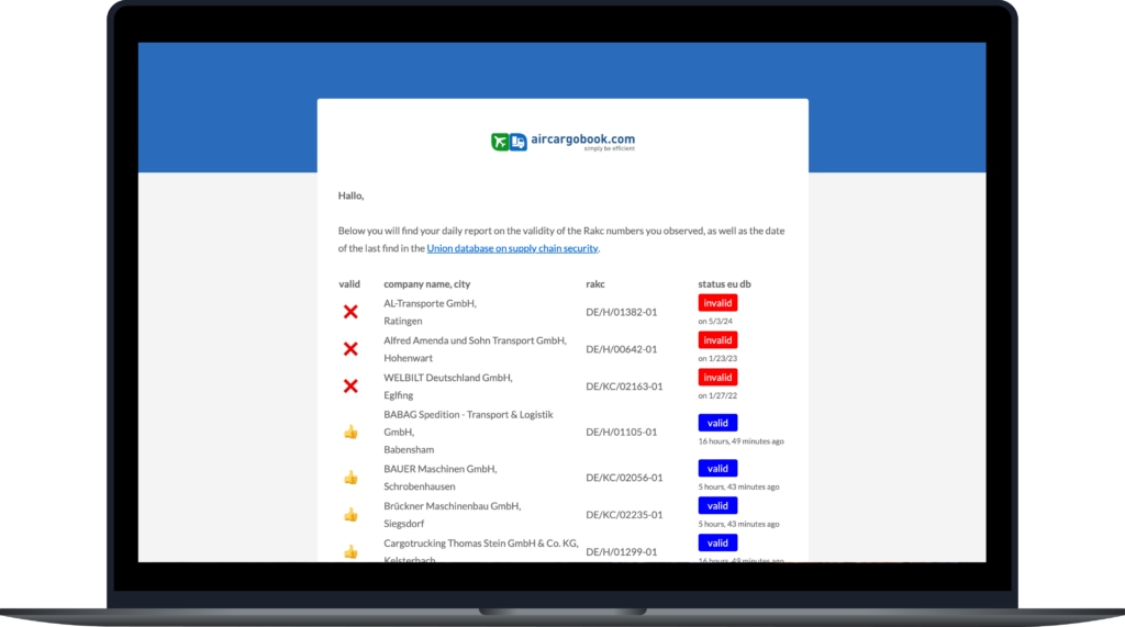Sample view of the aircargobook rakc watch service mail